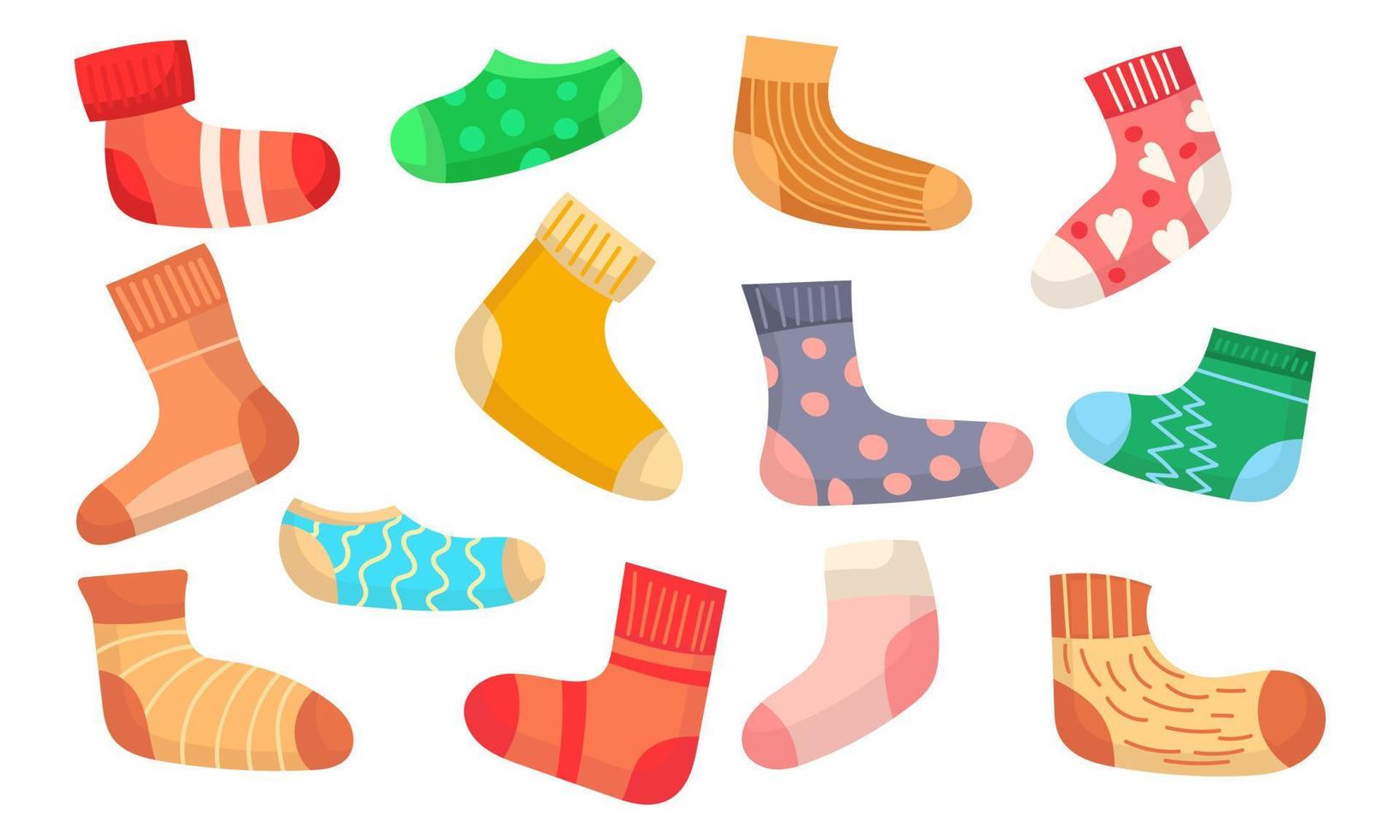 Woolen socks for feet icon set. Accessory cotton collection and cartoon clothes. Textile color garment and cute apparel. Knitted and cozy for foot. Pair kid sock and child wardrobe vector illustration
