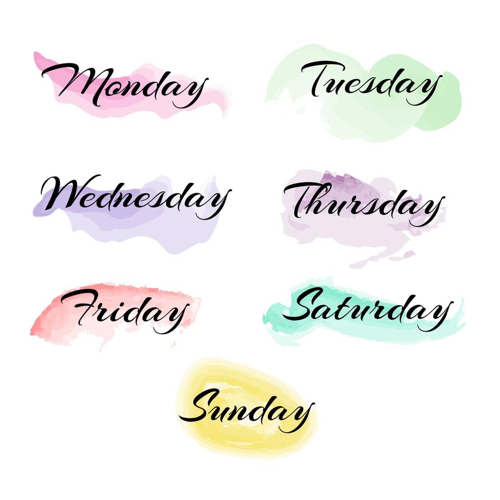 Days of week handwritten with soft watercolor brush backgrounds. Vector stock illustration.