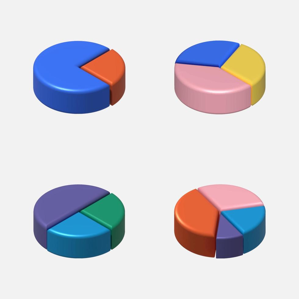 Gráficos circulares infográficos en 3D. conjunto de gráficos circulares 3d de color con diferentes proporciones. ilustración de stock vectorial. vector