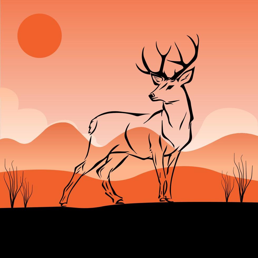 ciervo en el fondo de un paisaje de verano. ciervos de contorno en el fondo de las montañas y la puesta de sol. ilustración de stock vectorial. vector