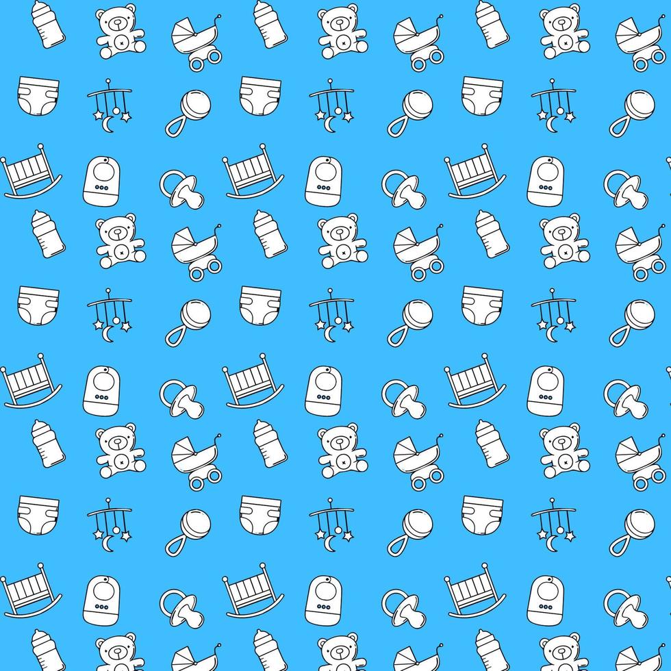 Seamless pattern with baby stuff, cartoon white icons. Perfect pattern for baby boy. Vector pattern.