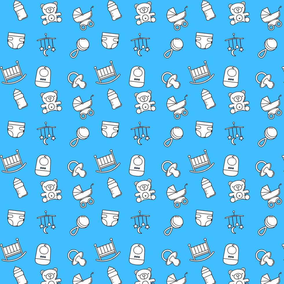 Seamless pattern with baby stuff, cartoon white icons. Perfect pattern for baby boy. Vector pattern.