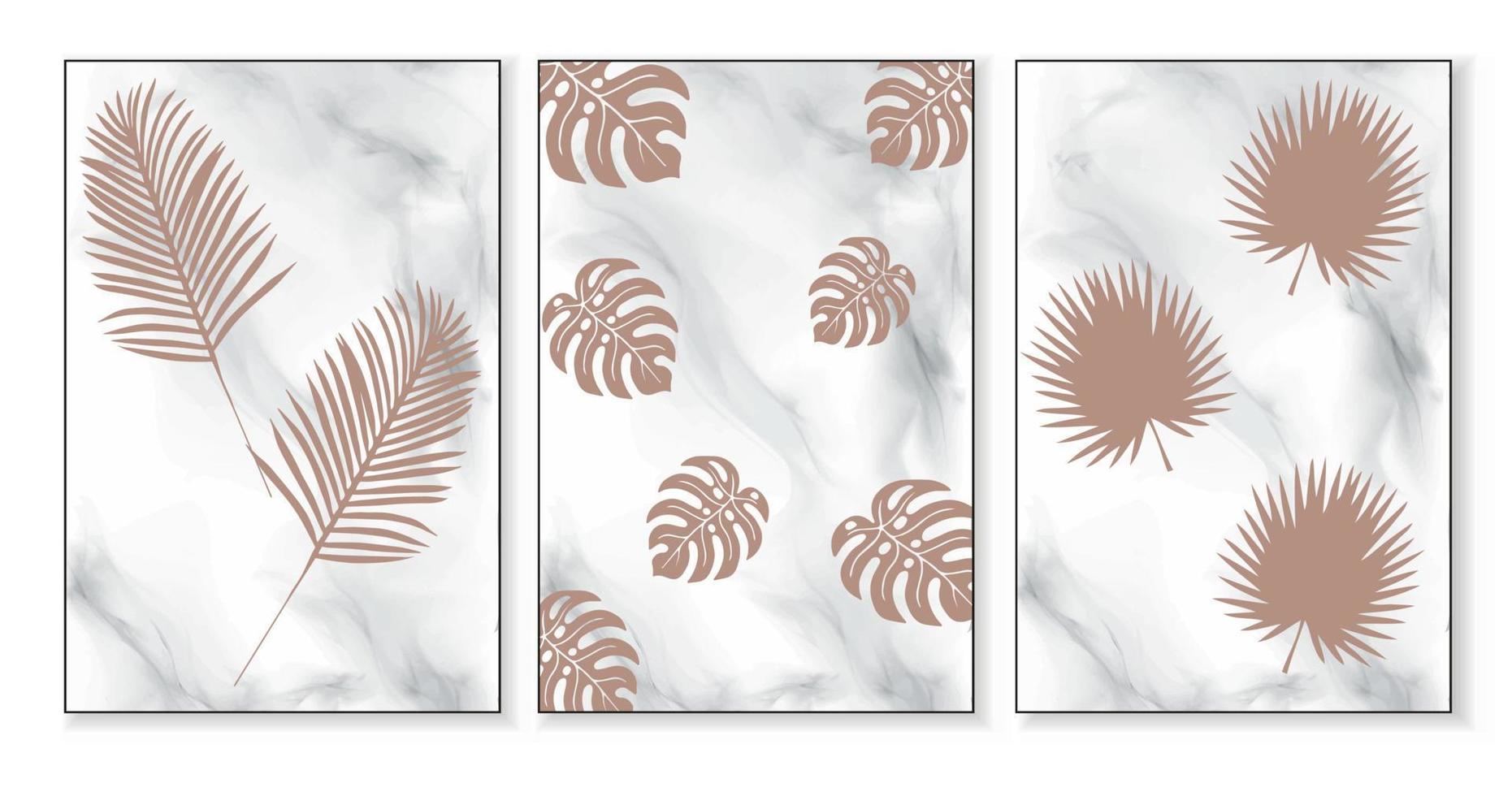 Abstract decorative background poster with palm branches and leaves in boho style on a marble background. Vector poster.