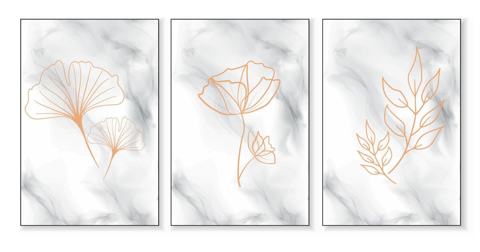 cartel de fondo decorativo abstracto con ginkgo, flor y rama con hojas en estilo boho sobre un fondo de mármol. cartel de vectores