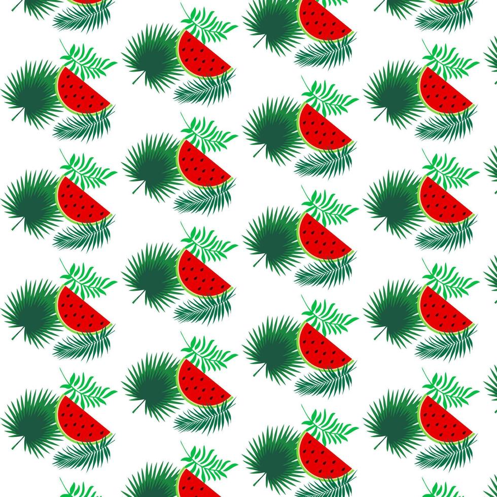 Watermelon with palm leaves seamless pattern. Bright colorful pattern. Vector pattern.
