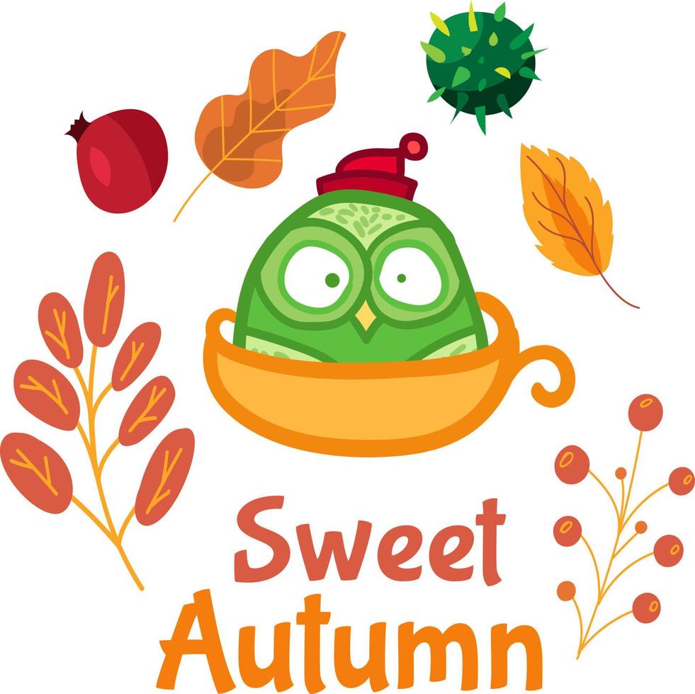 Sweet autumn sticker with cute owl in cup vector