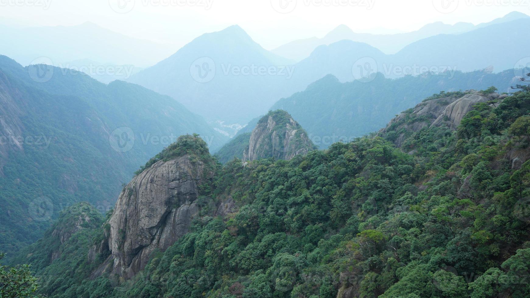 The beautiful mountains landscapes with the green forest and the erupted rock cliff as background in the countryside of the China photo