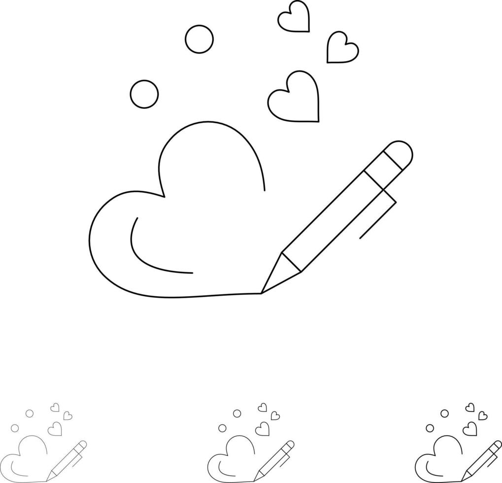 Pen Love Heart Wedding Bold and thin black line icon set vector