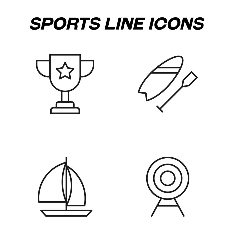 Minimalistic outline signs drawn in flat style. Editable stroke. Vector line icon set with symbols of winner cup, rowing, sail ship, shooting range