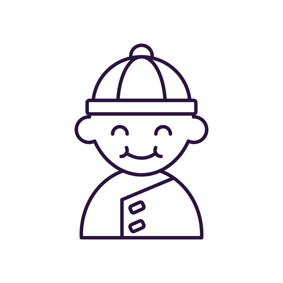 Chinese New Year concept. Vector line icon of Chinese boy in traditional garment. Editable stroke drawn with thin line. Sign and symbol perfect for internet stores, shops, books, web sites, apps