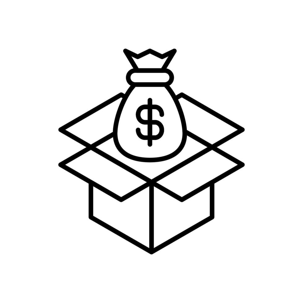 Simple vector isolated pictogram drawn with black thin line. Editable stroke for web sites, adverts, stores, shops. Vector line icon of money bag over opened box