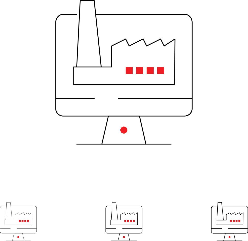 Computer Building Monitor Factory Bold and thin black line icon set vector