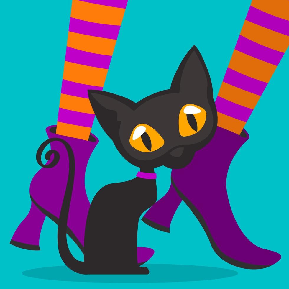 gato negro a los pies de una bruja vector