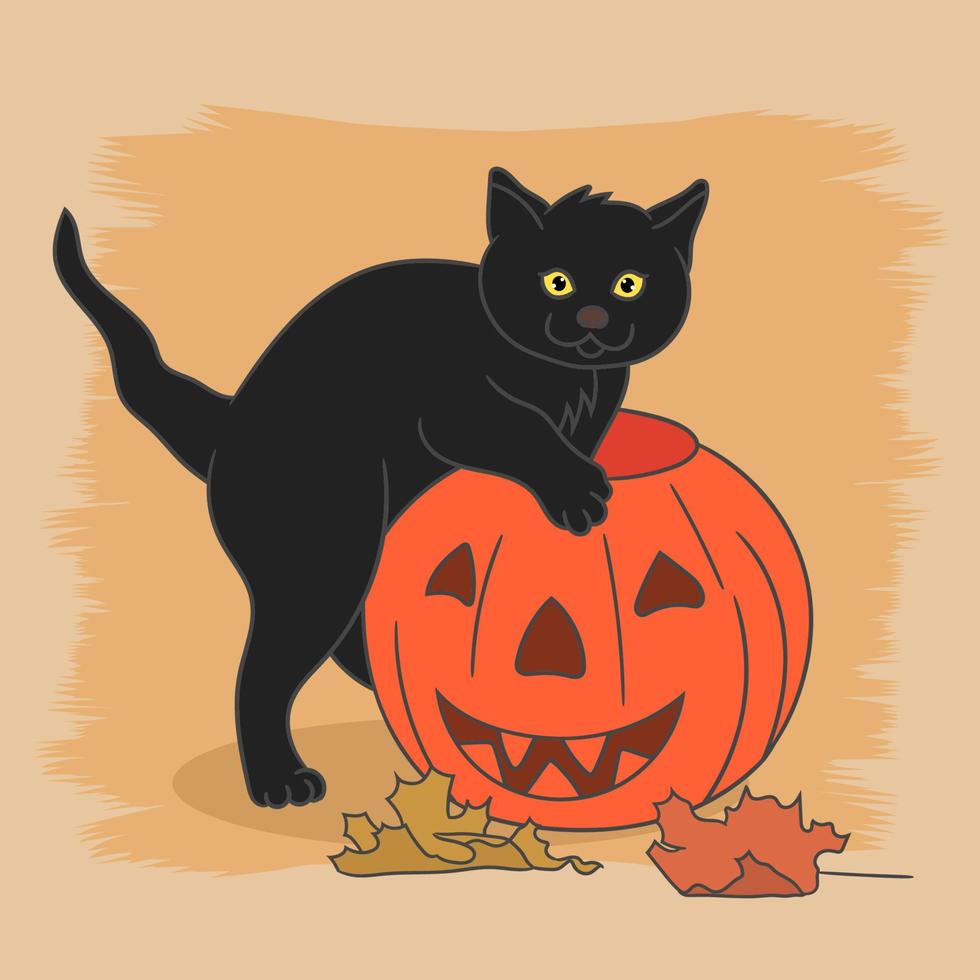 Black cat playing with pumpkin vector