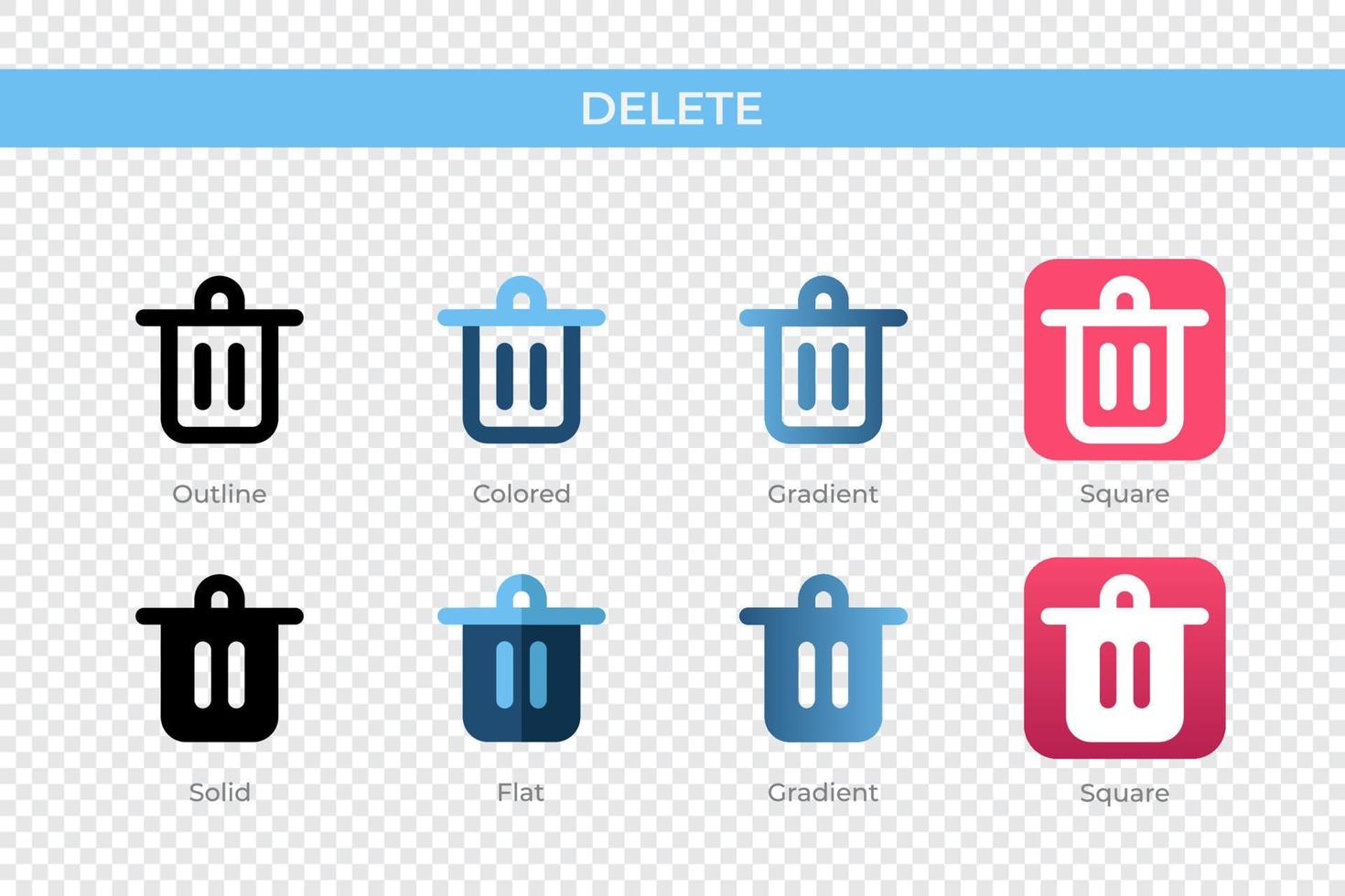 delete icon in different style. delete vector icons designed in outline, solid, colored, gradient, and flat style. Symbol, logo illustration. Vector illustration