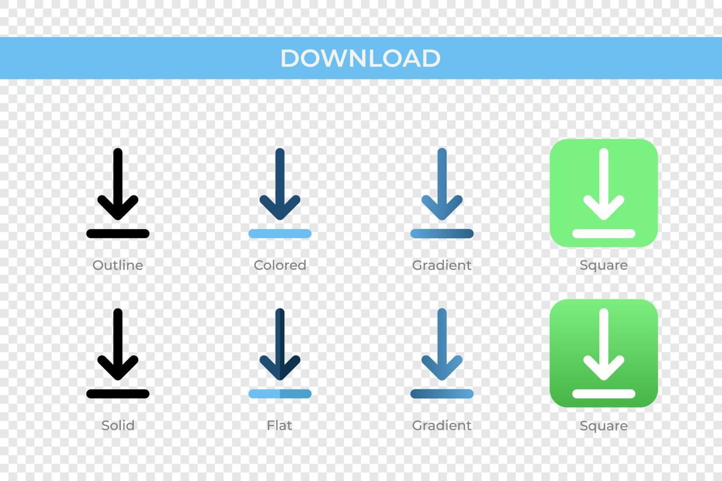 Download icon in different style. Download vector icons designed in outline, solid, colored, gradient, and flat style. Symbol, logo illustration. Vector illustration