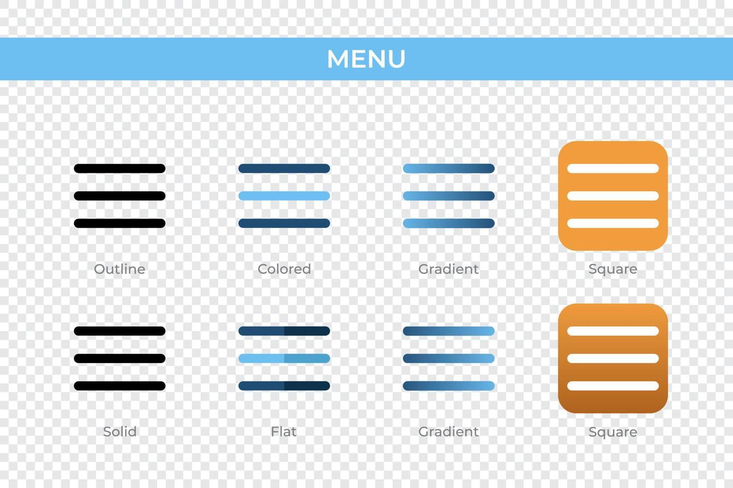 menu icon in different style. menu vector icons designed in outline, solid, colored, gradient, and flat style. Symbol, logo illustration. Vector illustration