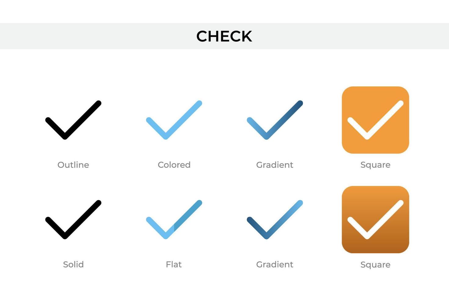 check icon in different style. check vector icons designed in outline, solid, colored, gradient, and flat style. Symbol, logo illustration. Vector illustration