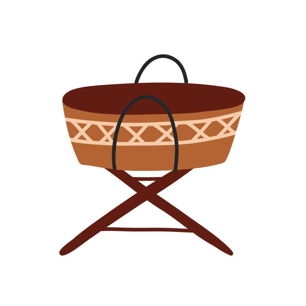 Boho Wooden wicker crib for a newborn baby. Boho Baby Nursery Scandinavian Neutral Decor Element. Baby Shower Minimalist Clipart for Newborn vector