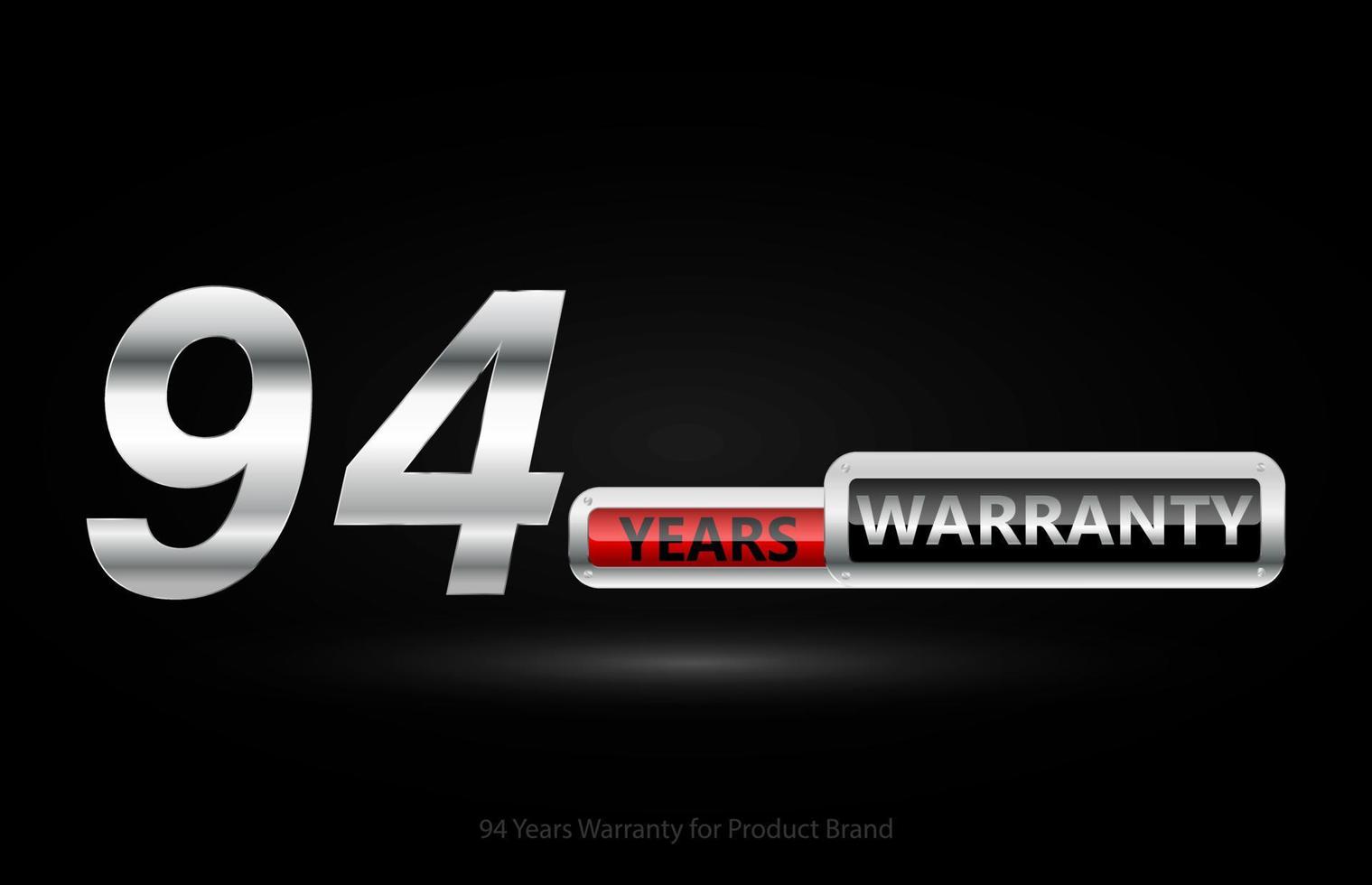 94 years warranty silver logo isolated on black background, vector design for product warranty, guarantee, service, corporate, and your business.