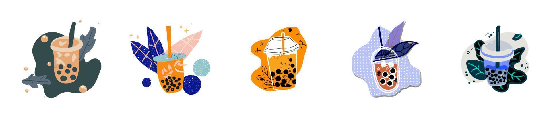 Bubble milk tea, Pearl milk tea , Different sorts of Boba. Yummy drinks. vector