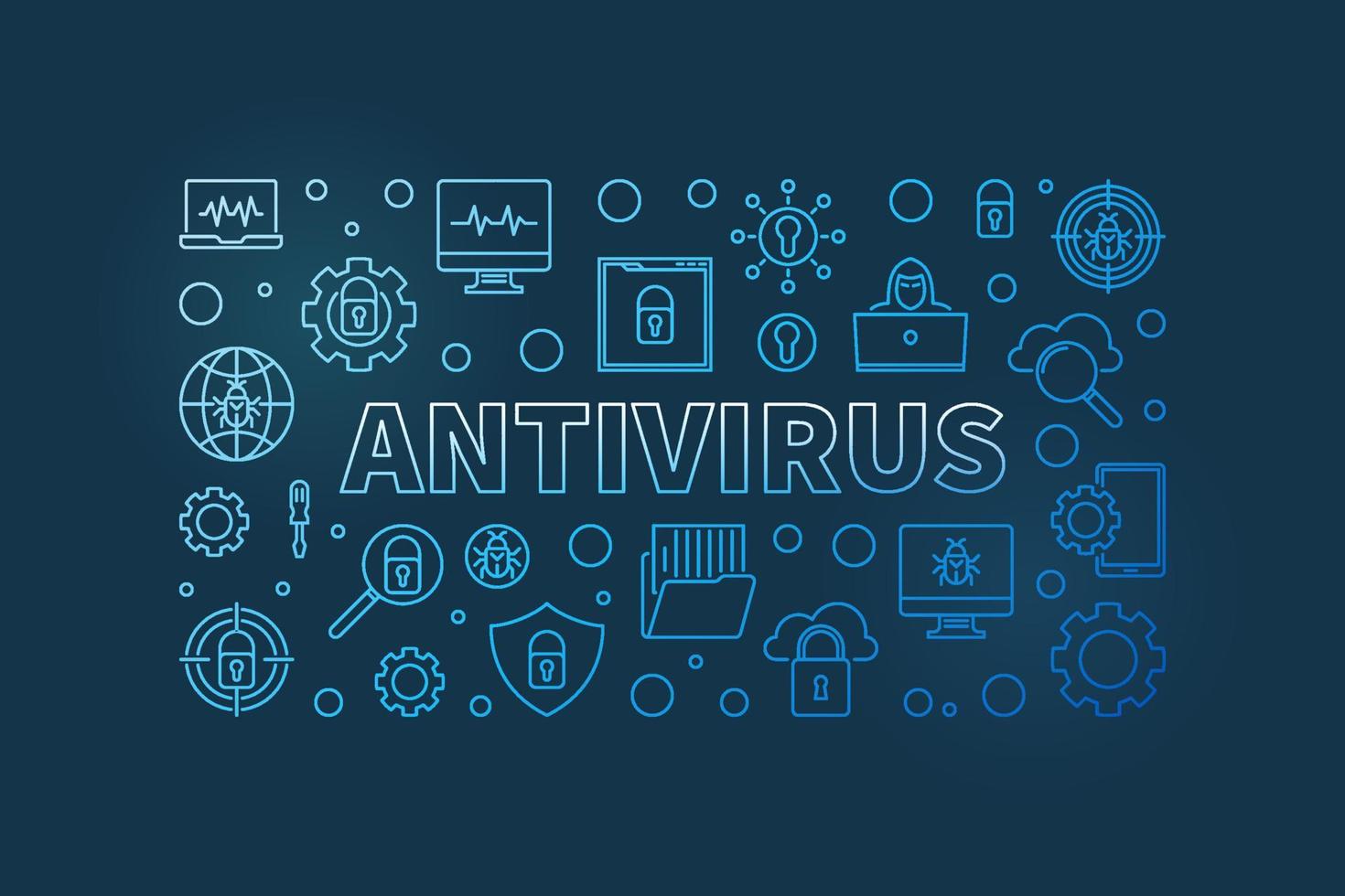 Computer Antivirus vector outline blue horizontal illustration