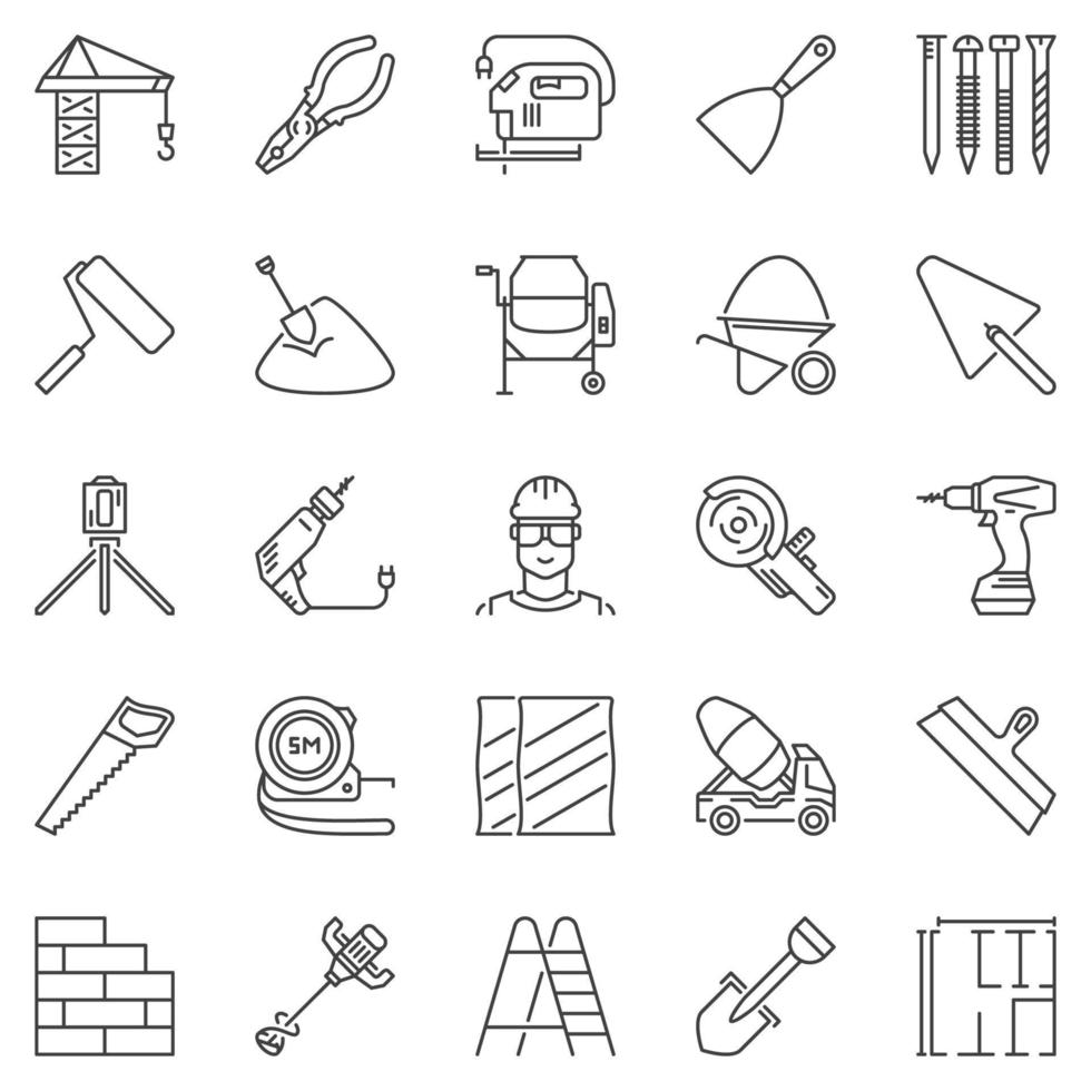 iconos vectoriales de construcción y construcción establecidos en estilo de línea delgada vector