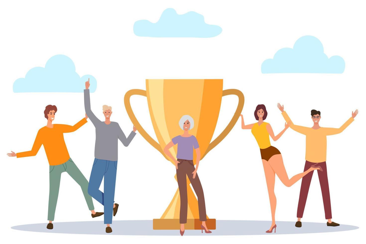 Young people are happy to win the prize and the winner's Cup.The concept of joint struggle, problem solving and the joy of victory.Flat vector illustration.