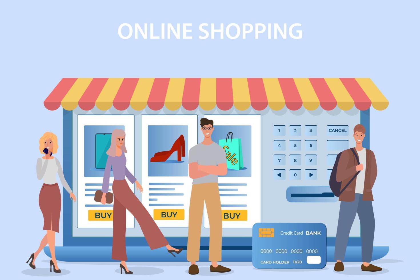 Online store.People use a credit card to make purchases in an online store.The concept of online trading.Flat vector illustration.