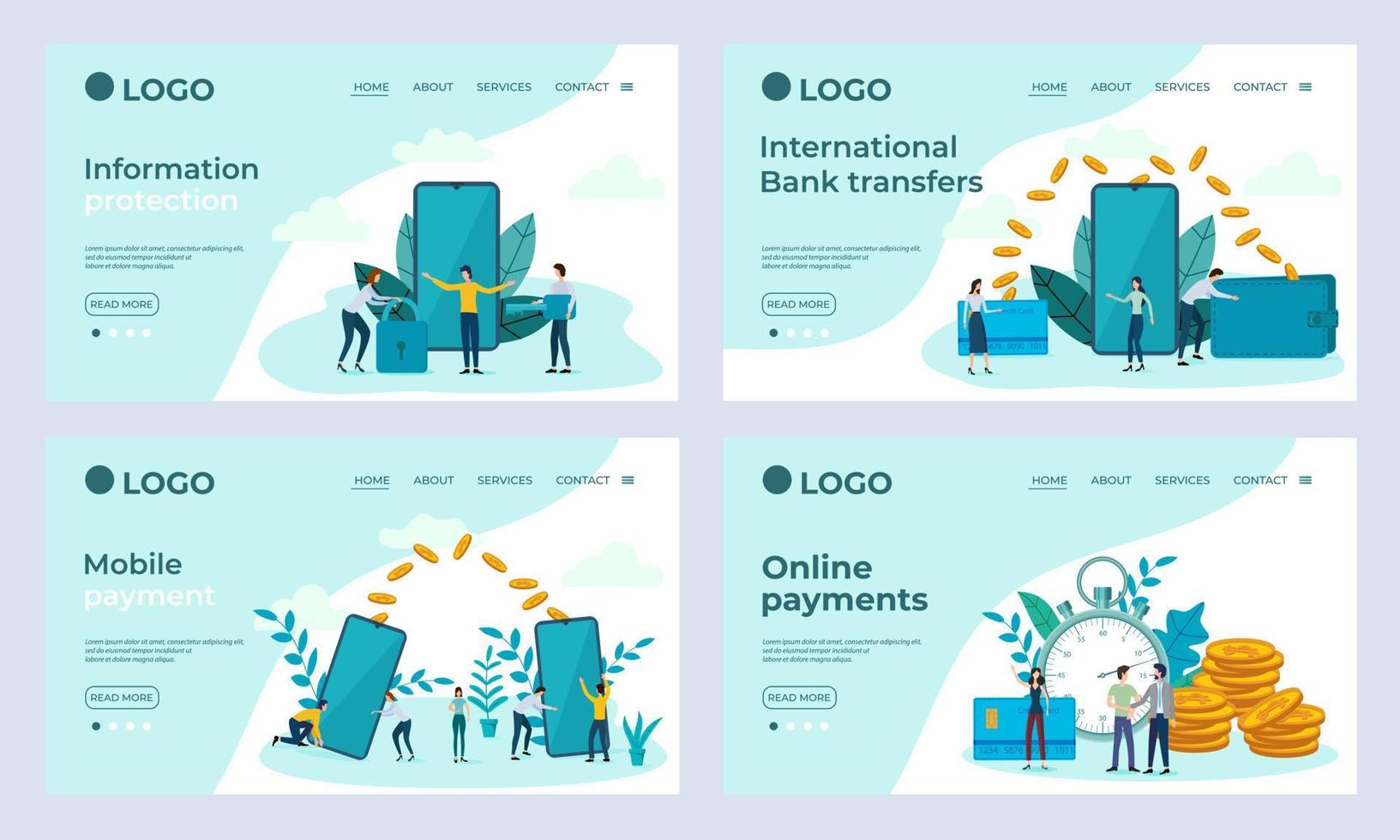 A set of landing page templates.Information security,mobile online banking payments.Templates for use in mobile app development.Flat vector illustration.