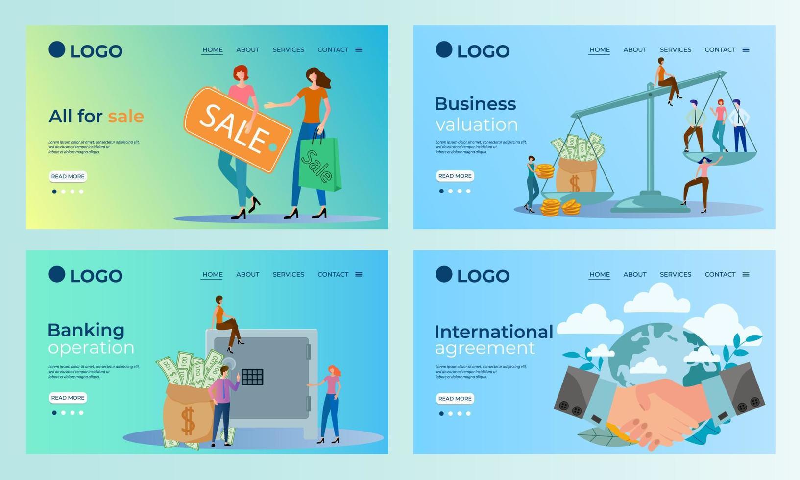 A set of landing page templates.Big sale, banking operations, business negotiations.Templates for use in mobile app development.Flat vector illustration.