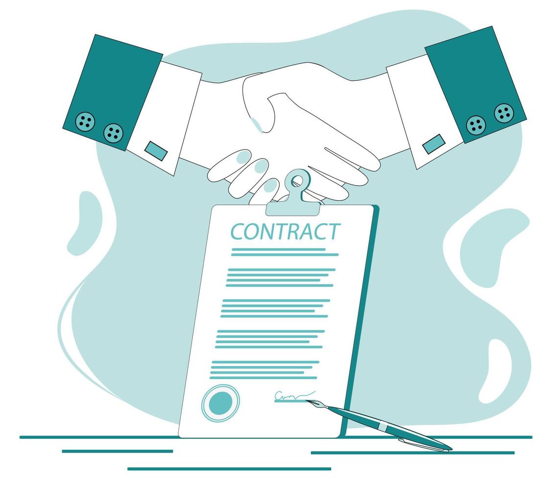 Signing contract.Handshake on the background of a signed contract.The concept of a contract, transaction, and business negotiations.Flat vector illustration.