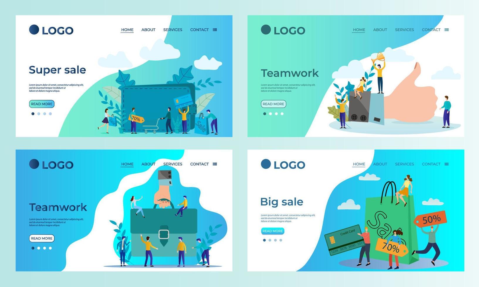 A set of landing page templates.Big sale, teamwork.Templates for use in mobile app development.Flat vector illustration.