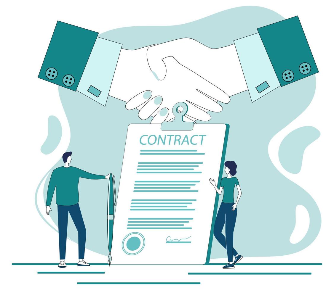 Contract conclusion.Handshake on the background of a signed contract.The concept of a contract, transaction, and business negotiations.Flat vector illustration.