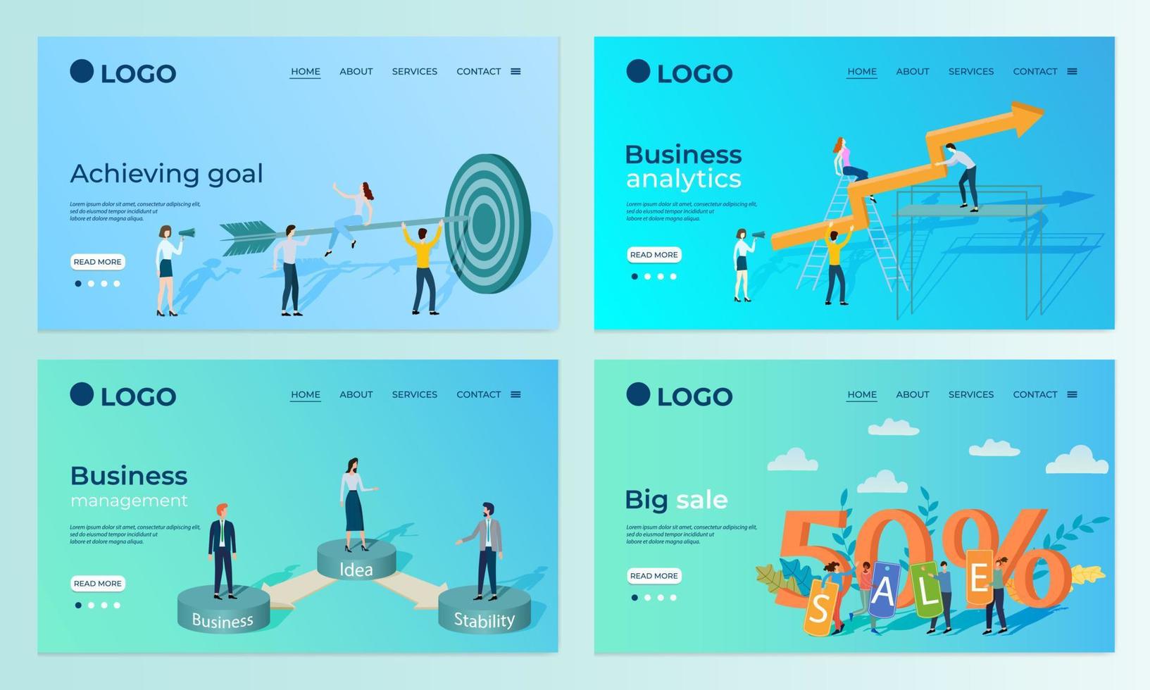 A set of landing page templates.Business Analytics, business management, big sale.Templates for use in mobile app development.Flat vector illustration.