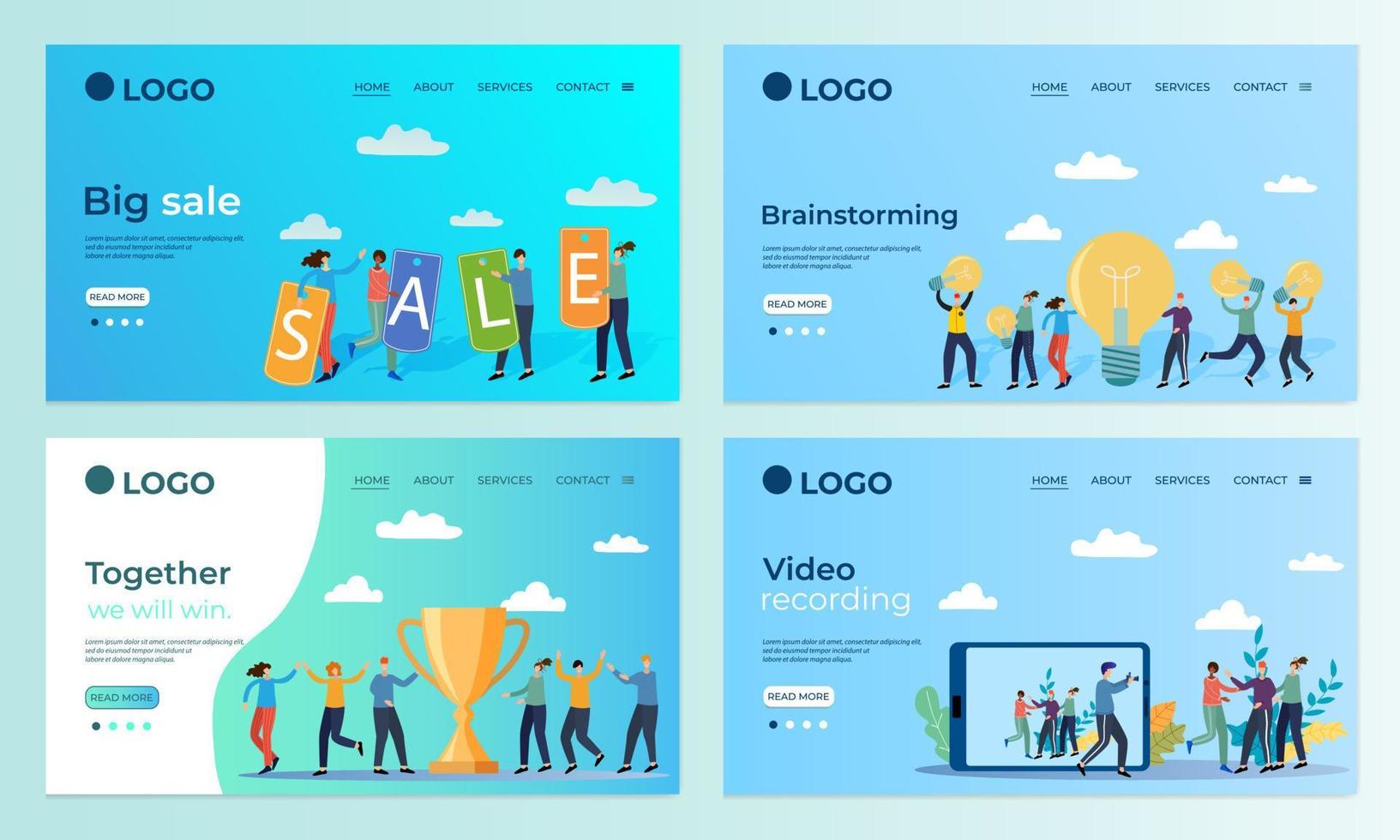 A set of landing page templates.Big sale, brainstorming, Winning, video shooting.Templates for use in mobile app development.Flat vector illustration.