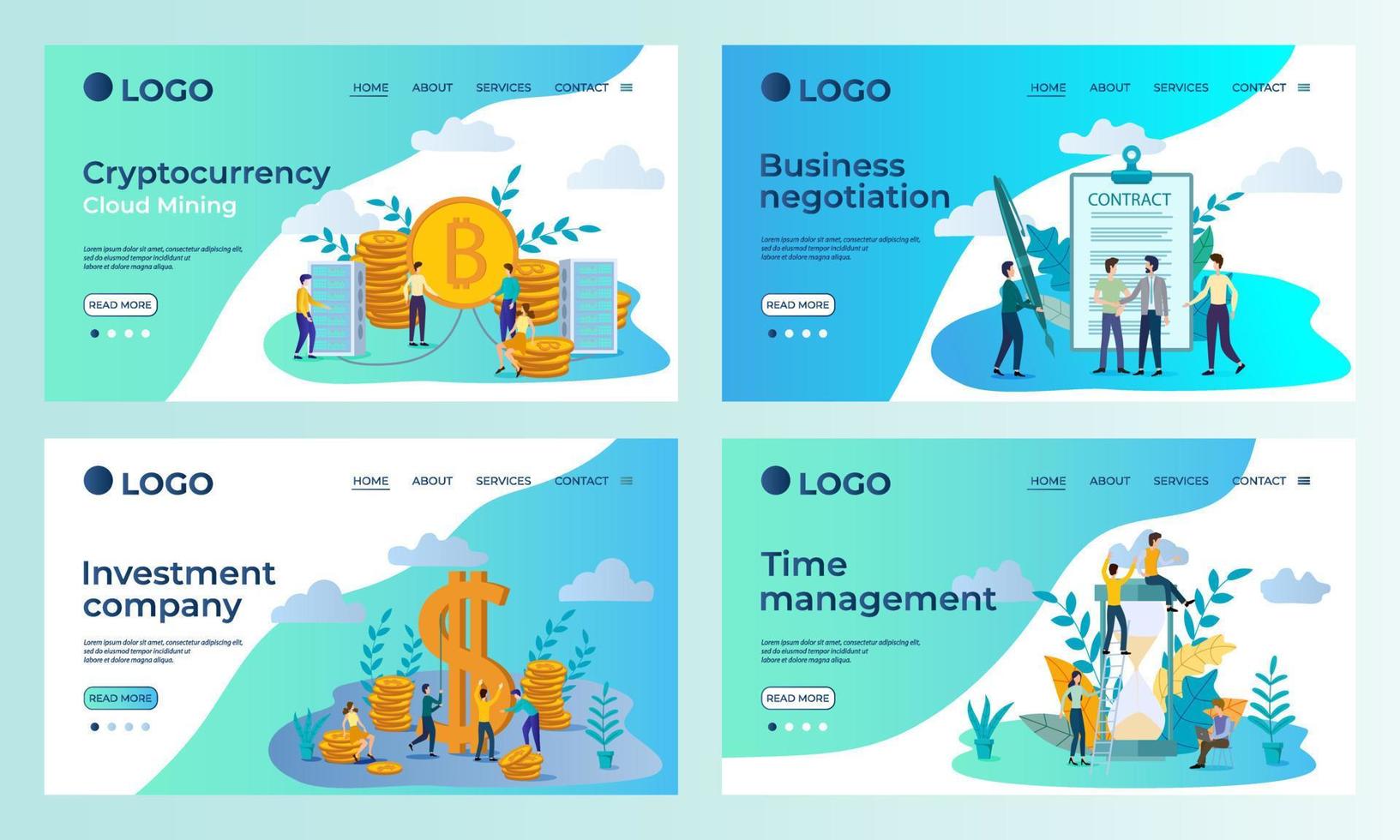 A set of landing page templates.Bitcoin mining,business negotiations, time management, investment.Templates for use in mobile app development.Flat vector illustration.