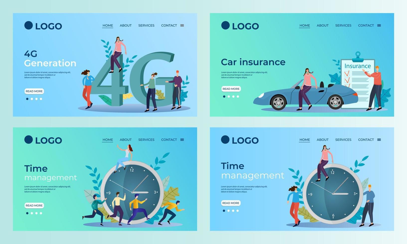 A set of landing page templates.Time management, 4G communications, car insurance .Templates for use in mobile app development.Flat vector illustration.