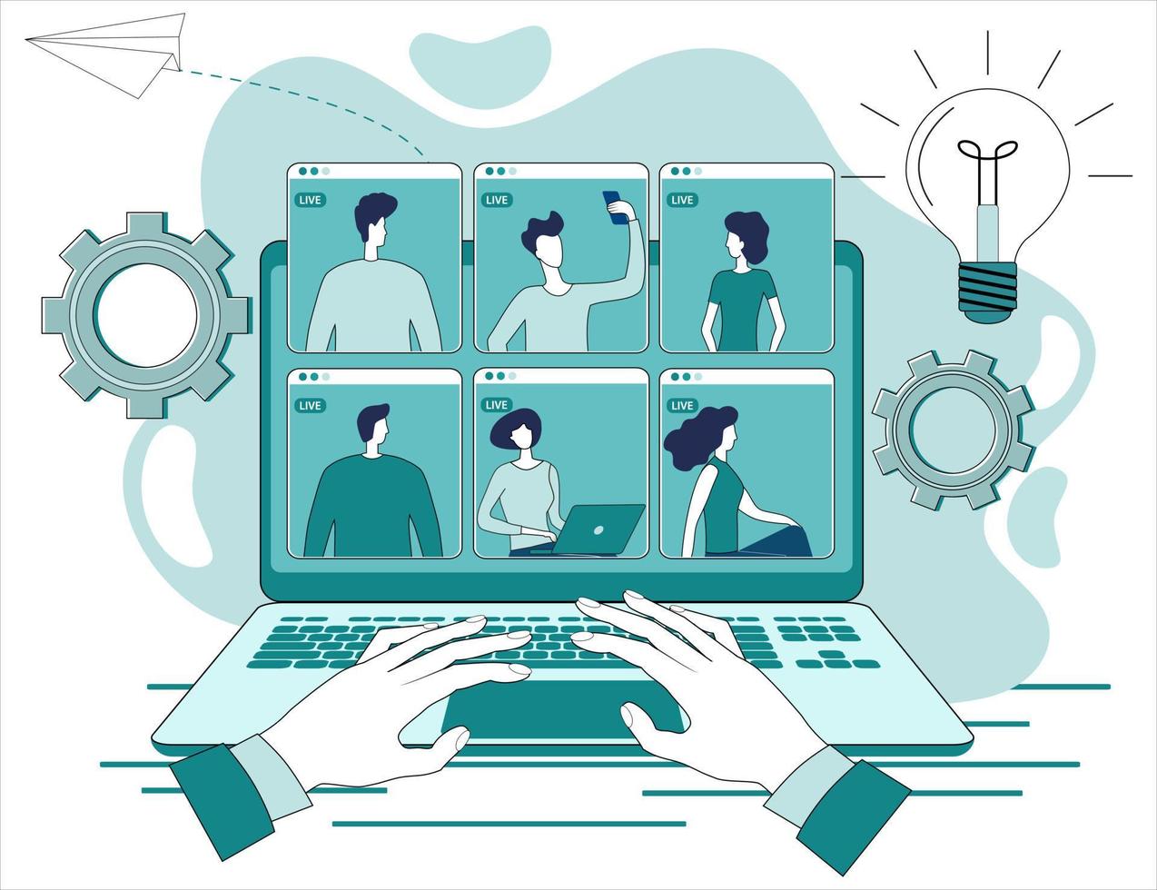 Business negotiations online.People talk to each other via video conference using a laptop.The concept of business relations and teamwork.Business and modern technologies.Flat vector illustration.