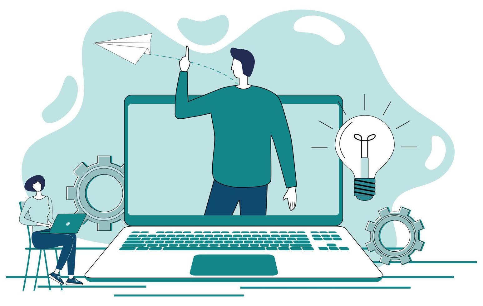 Online consultation.The concept of video tutorials, online education, online courses, Business negotiations using an online connection.Flat vector illustration.