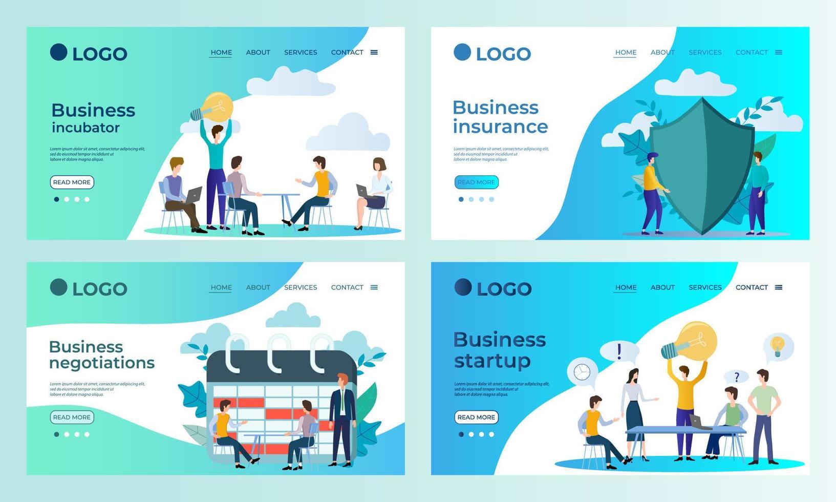 A set of landing page templates.Business incubator, business insurance, business negotiations, business startup.Templates for use in mobile app development.Flat vector illustration.