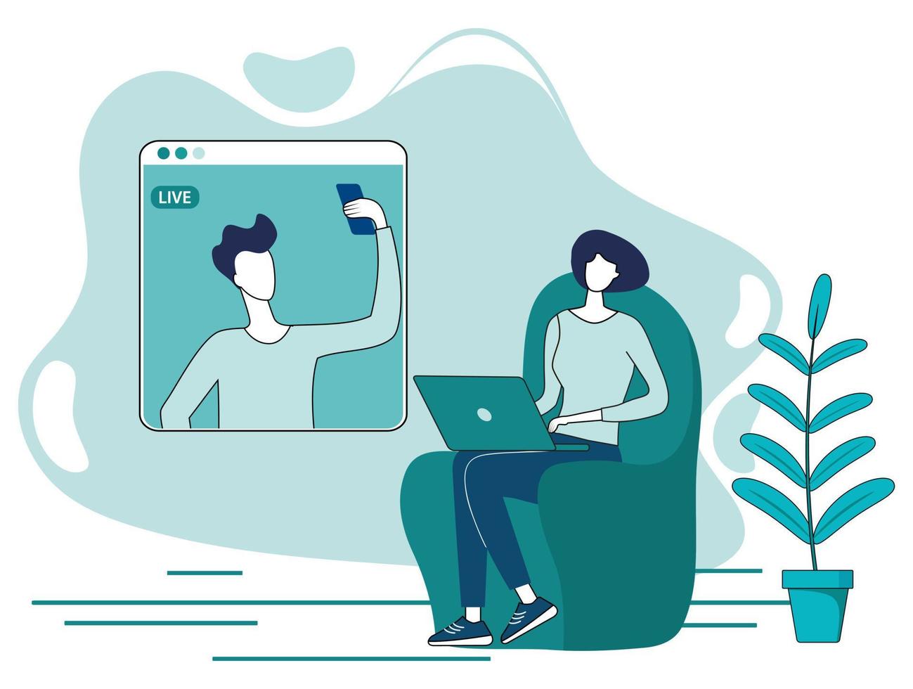 Video call and people chat.A young woman sitting in a chair communicates via video conference using a laptop.Communication of friends using online communication.Flat vector illustration.