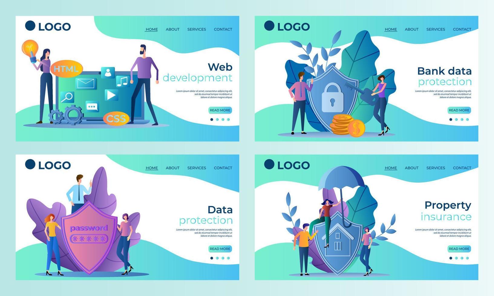 A set of landing page templates.Web development, Bank data Protection, property Insurance.Templates for use in mobile app development.Flat vector illustration.