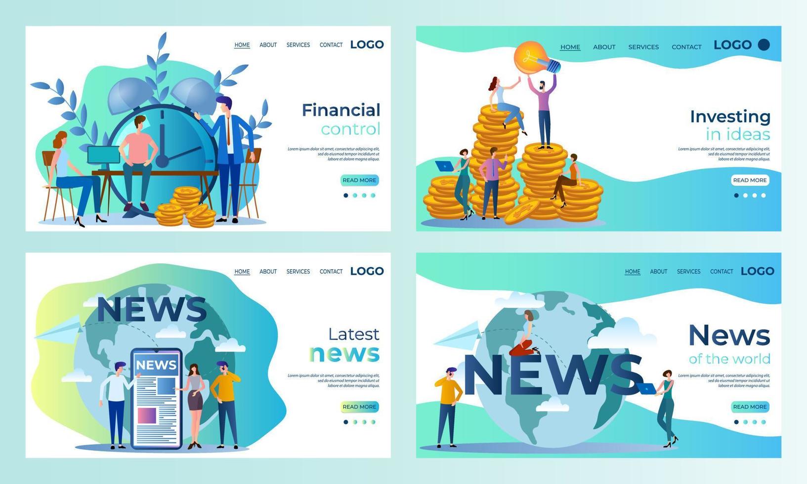 A set of landing page templates.Financial control, Investment in ideas, news.Templates for use in mobile app development.Flat vector illustration.