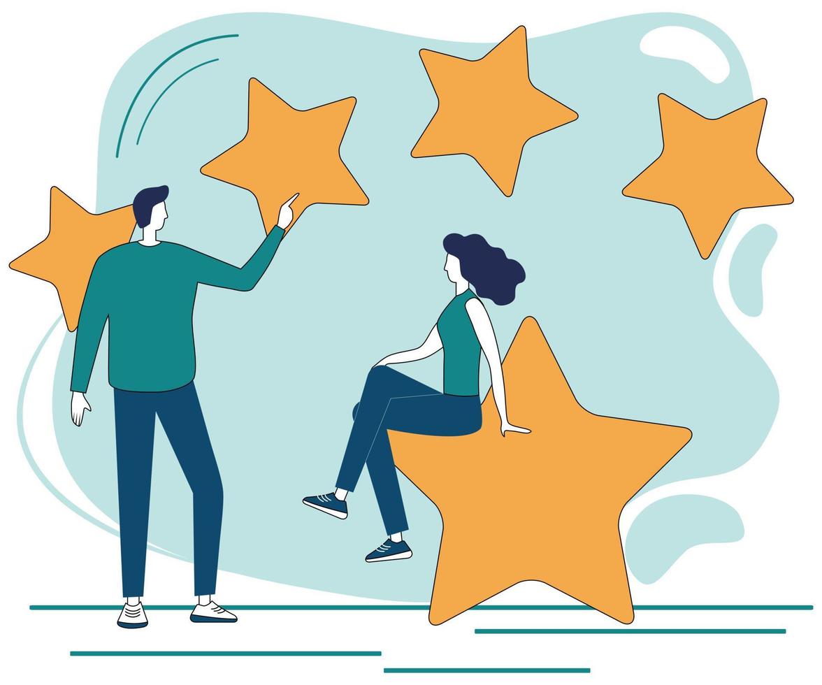 Young people put up a rating.Rating Agency, people are rating stars.Assessment of opportunities and prospects.Flat vector illustration.