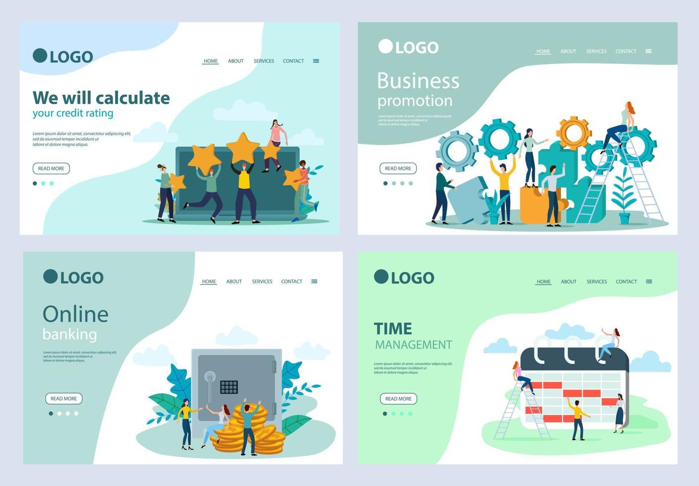 A set of landing page templates.Rating assessment, business promotion, online banking,time management.Templates for use in mobile app development.Flat vector illustration.