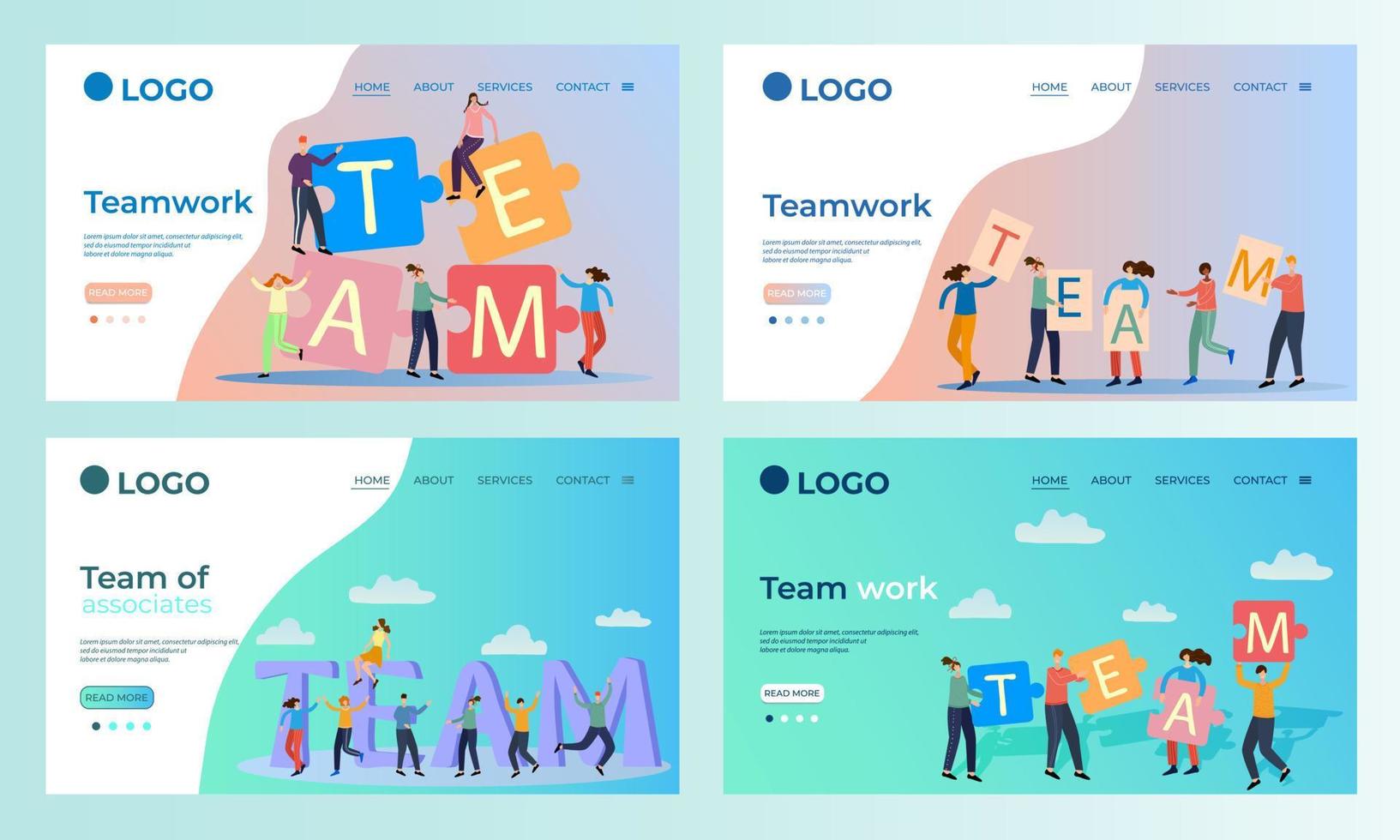 A set of landing page templates.Team,teamwork.Templates for use in mobile app development.Flat vector illustration.