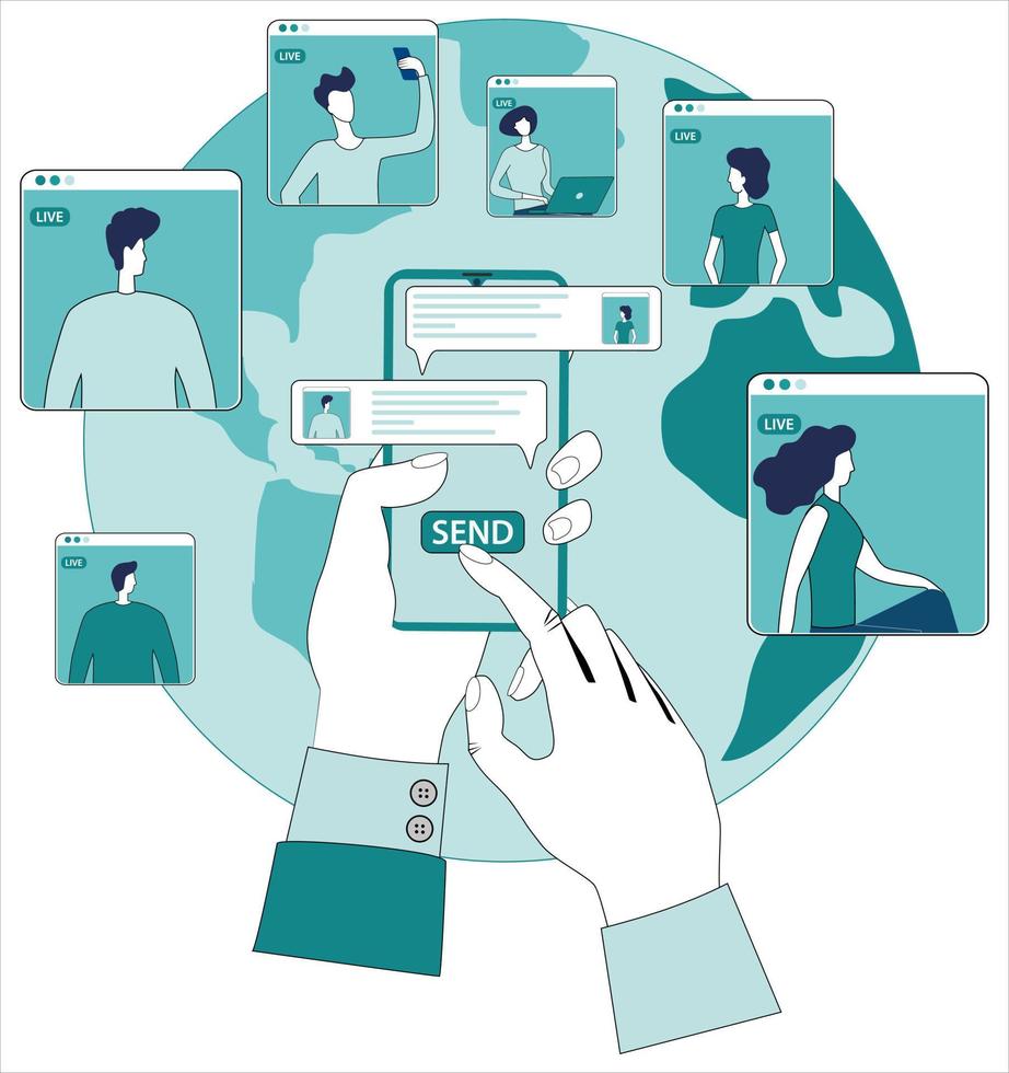 Online communication of people using a smartphone.Teleconferencing, remote work, freelancing, and online education.People on the background of the globe.Flat vector illustration.