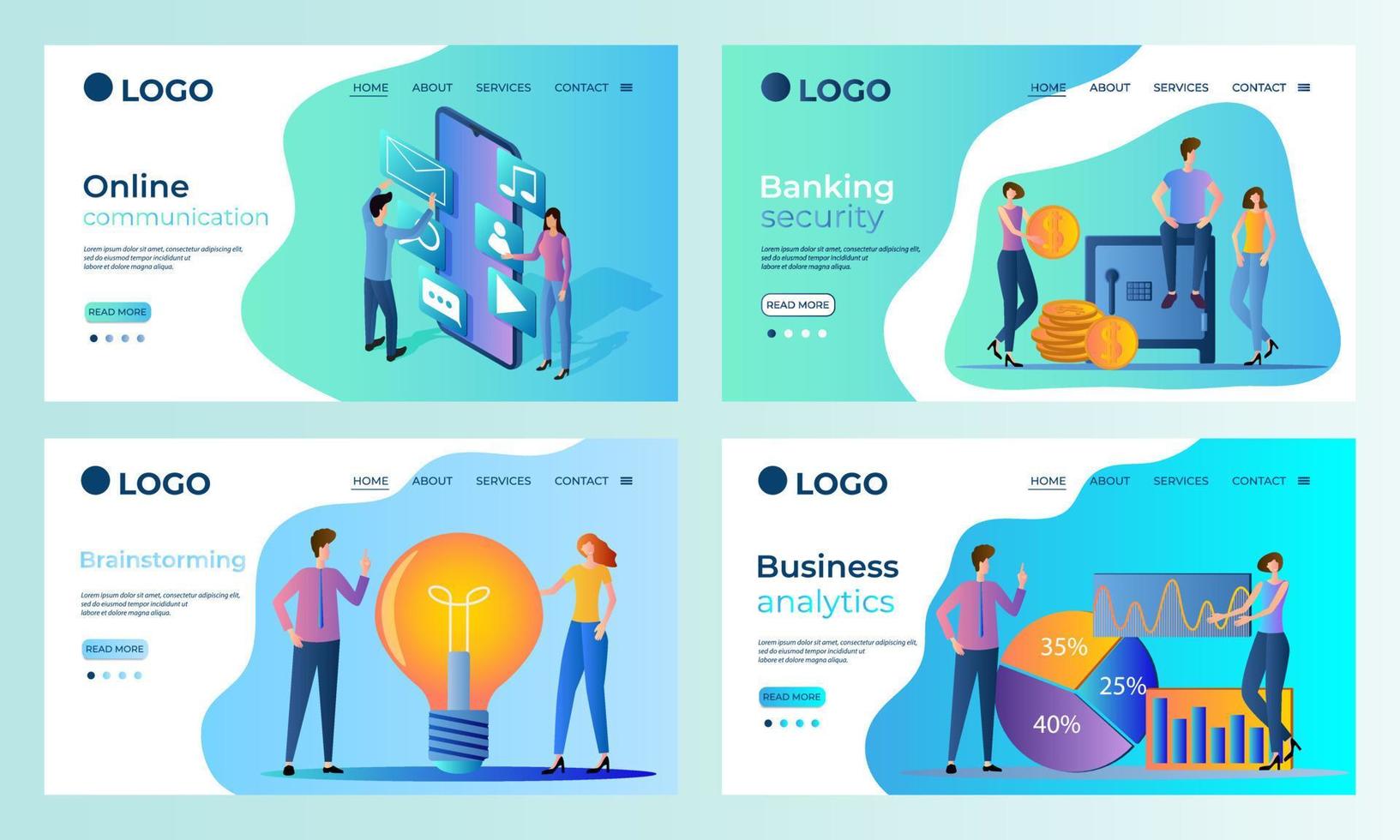 A set of landing page templates.Online communications, Banking security, Brainstorming,Business Analytics.Templates for use in mobile app development.Flat vector illustration.