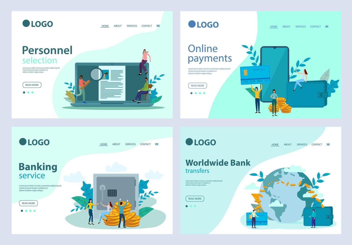 A set of landing page templates.Recruitment,online payments, banking operations.Templates for use in mobile app development.Flat vector illustration.